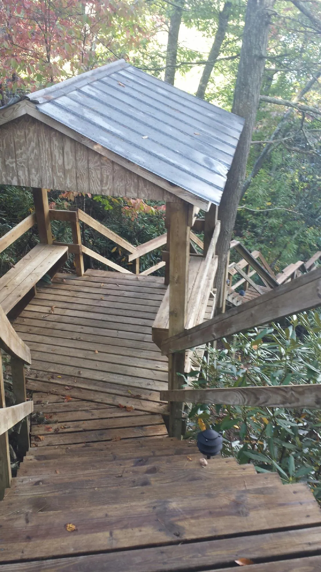 Metal roofed shelter over wooden steps on a wooded walkway — Skylight Repair & Installation work by our crew in Belgrade